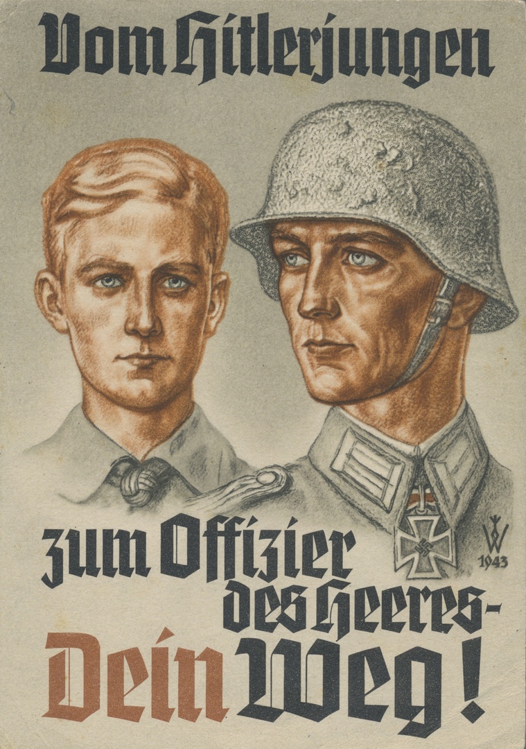 Немецкий агитационный плакат 1943 года. Текст: «Из Гитлерюгенд в армейские офицеры — твой путь!»