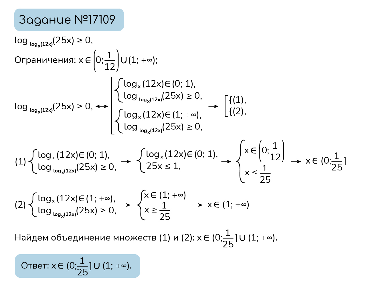 Задание №17109: Решите неравенство: log_(log_(x) ( 12 x ))(25x)ge0. —  NeoFamily