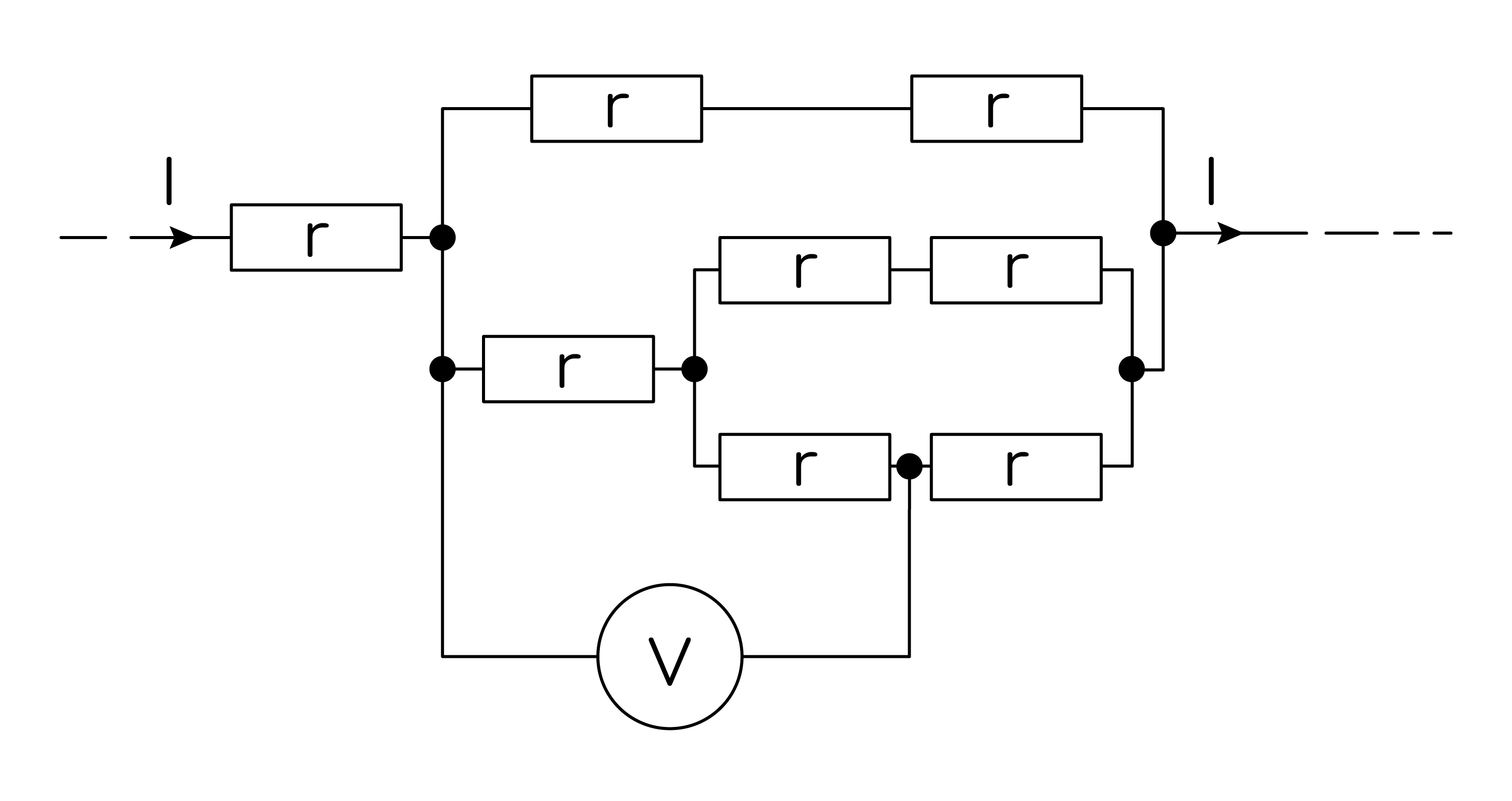 Задание №40019: Восемь одинаковых резисторов с сопротивлением r = 5 Ом  соединены в электрическую цепь, по которой течёт ток I (см. рис.). Какова  сила тока I, если вольтметр показывает напряжение 30 В? Вольтметр счита...  — NeoFamily