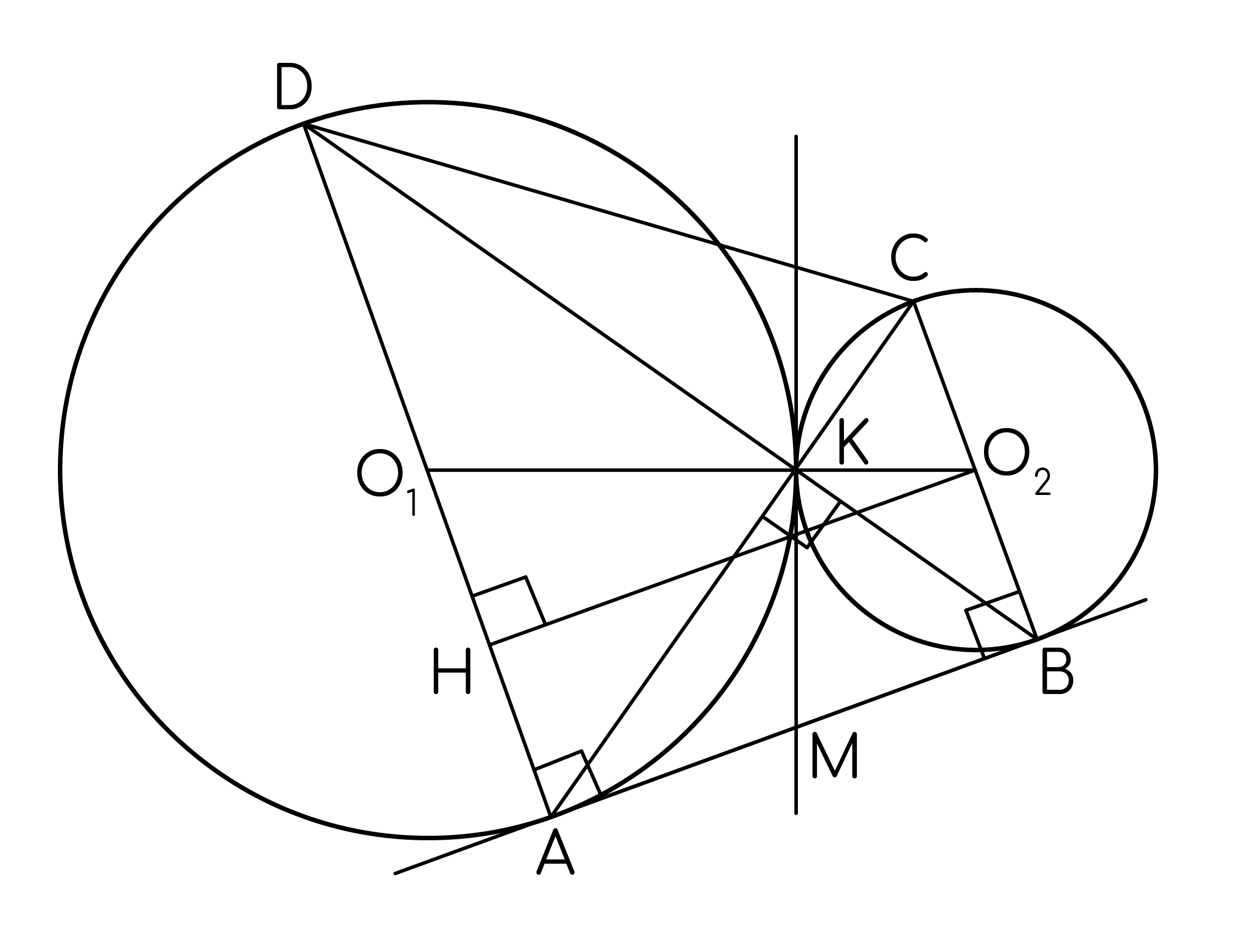 Задание №59603: Две окружности касаются внешним образом в точке K. Прямая  AB касается первой окружности в точке A, а второй в точке B. Прямая BK  пересекает первую окружность в точке D, прямая