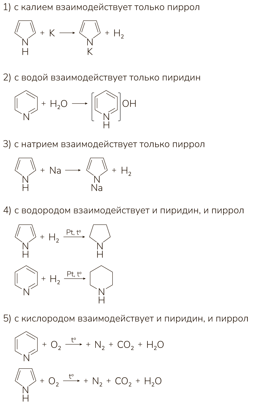 Задание №32955: Из предложенного перечня выберите все вещества, с которыми  взаимодействует пиррол, в отличии от пиридина. 1) калий2) вода3) натрий4)  водород5) кислород — NeoFamily