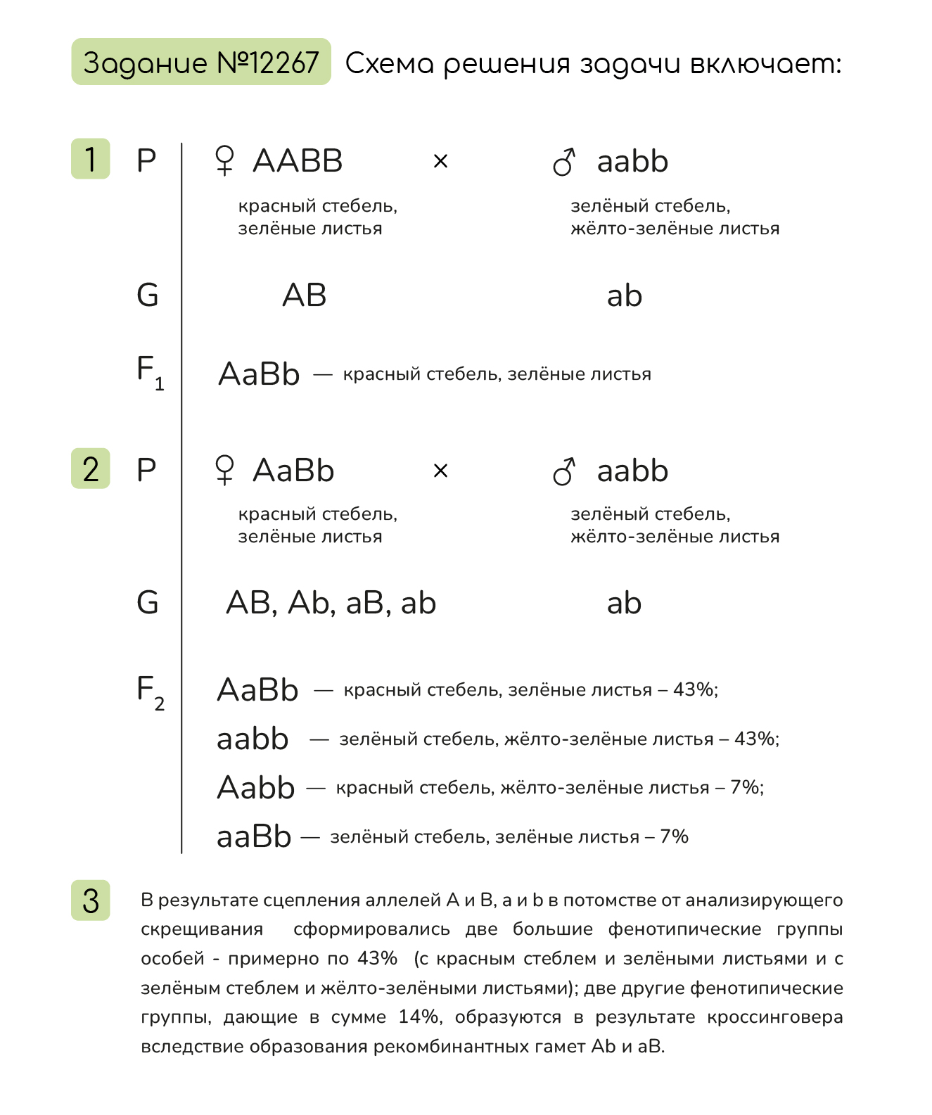 Задание №12267: У хлопчатника гены, определяющие окраску стебля и листьев,  расположены в одной хромосоме. Скрещены два сорта хлопчатника: один из них  с красным стеблем и зелёными листьями, второй с зелёным стеблем и... —