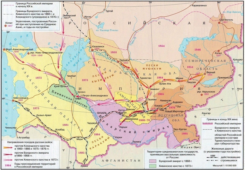 Схема территорий, присоединённых к России в 1860-1880-х годах