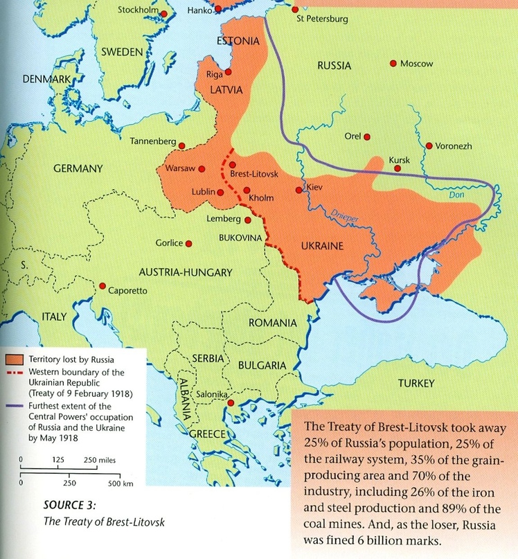 Потери Бресткого мира: оранжевая зона — земли, переданные по договору, синяя линия — граница немецкой оккупации в мае 1918 года.