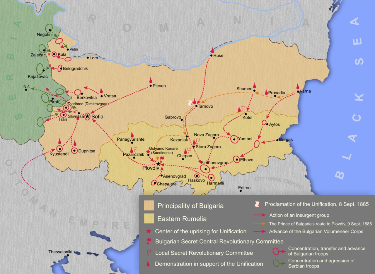 Карта Болгарского княжества (бледно-оранжевый цвет) и Восточной Румелии (жёлтый цвет). Схема боевых действий болгарских и сербских войск