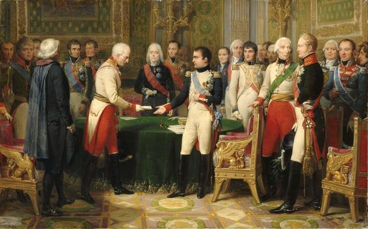Александр I и Наполеон в Эрфурте, октябрь 1808 года. Сперанский — слева от царя.