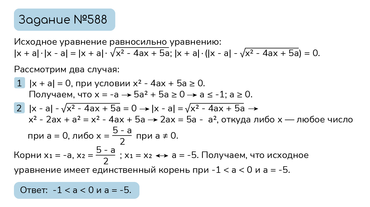 Задание №588: Найдите все значения параметра a, при каждом из которых  уравнение a имеет ровно один корень. — NeoFamily