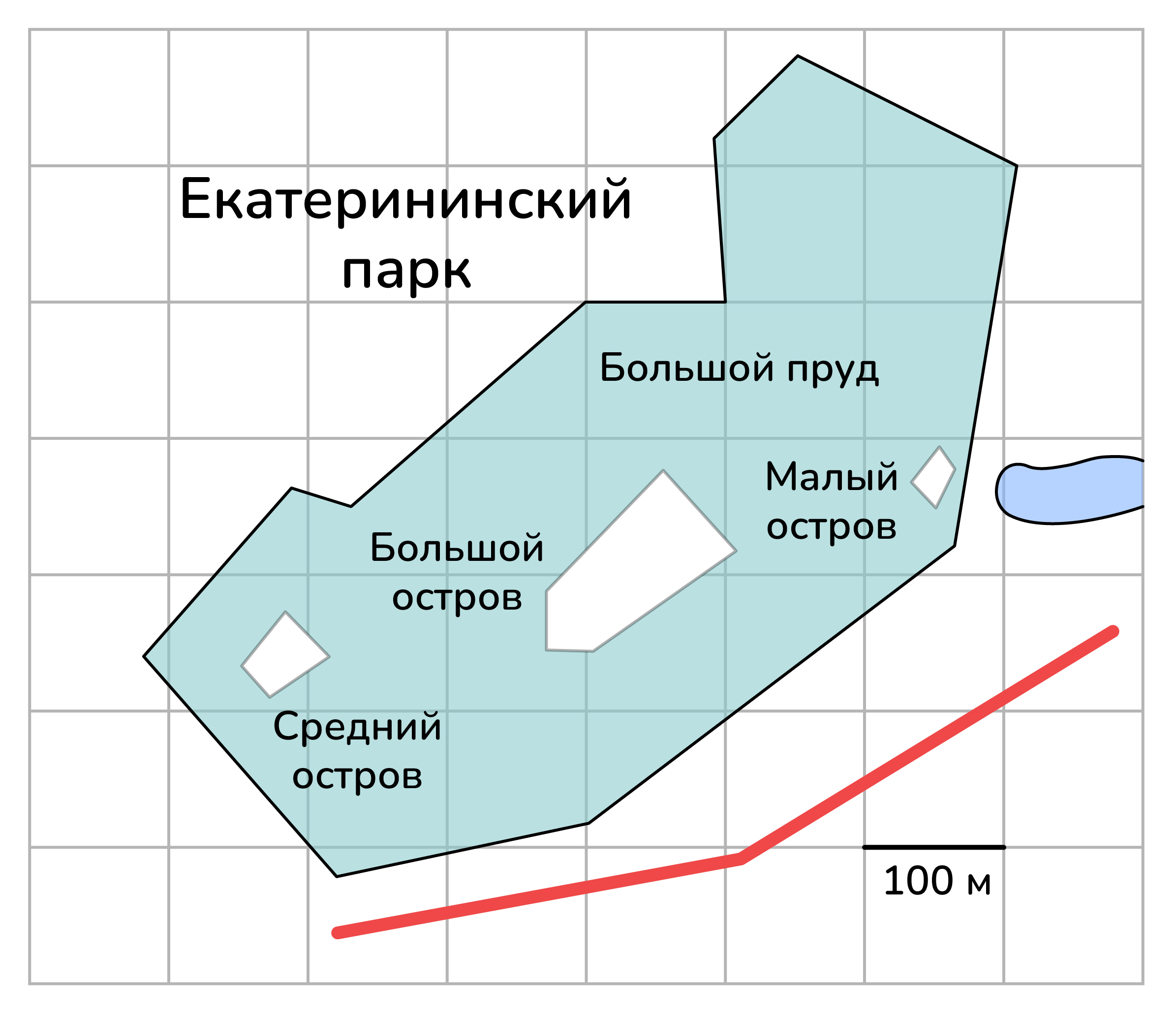 Задание №26947: На фрагменте географической карты схематично изображены  очертания Большого пруда Екатерининского парка с островами (площадь одной  клетки равна одному гектару). Оцените приближённо площадь Большого ост... —  NeoFamily