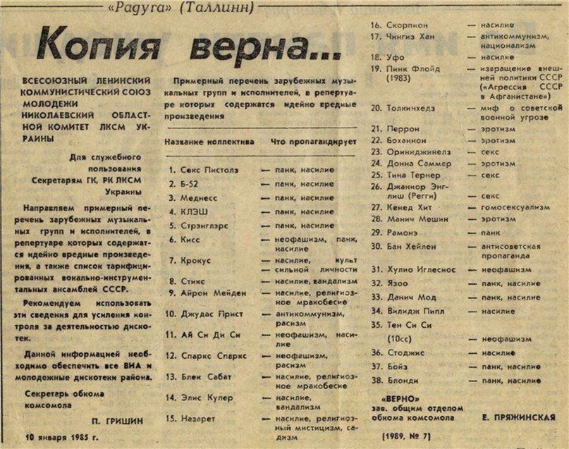 Знаменитый список запрещённых в СССР иностранных исполнителей, 10 января 1985 года