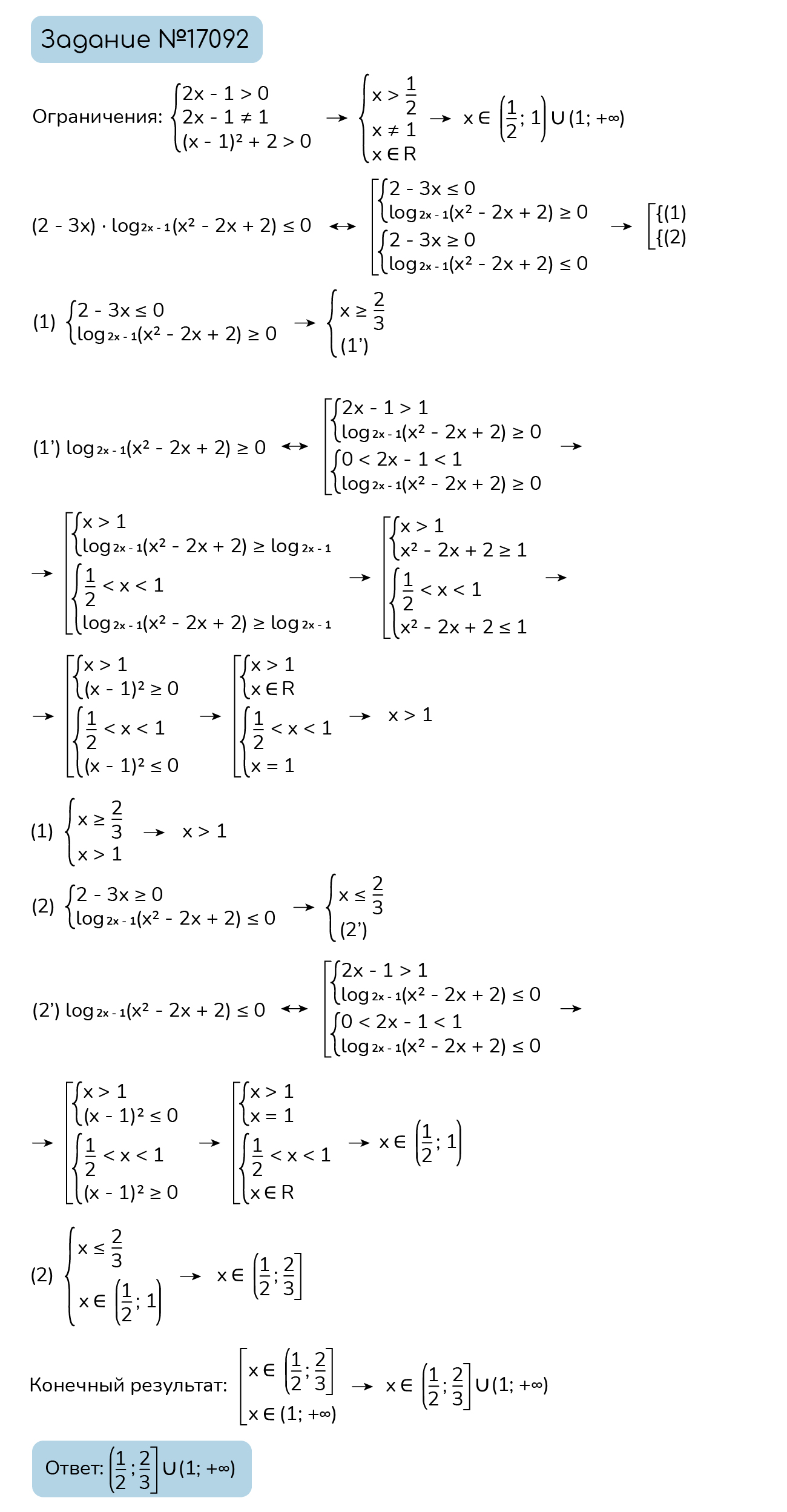 Задание №17092: Решите неравенство: (2-3x)·log_(2 x - 1)(x^(2) - 2 x +  2)le0. — NeoFamily