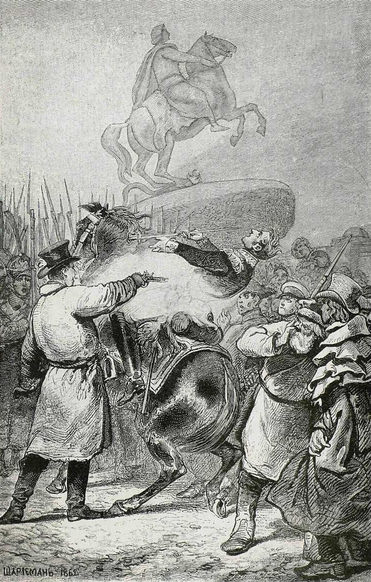 Выстрел Каховского 14 декабря 1825 года. Гравюра с рисунка, принадлежащего Г. А. Милорадовичу