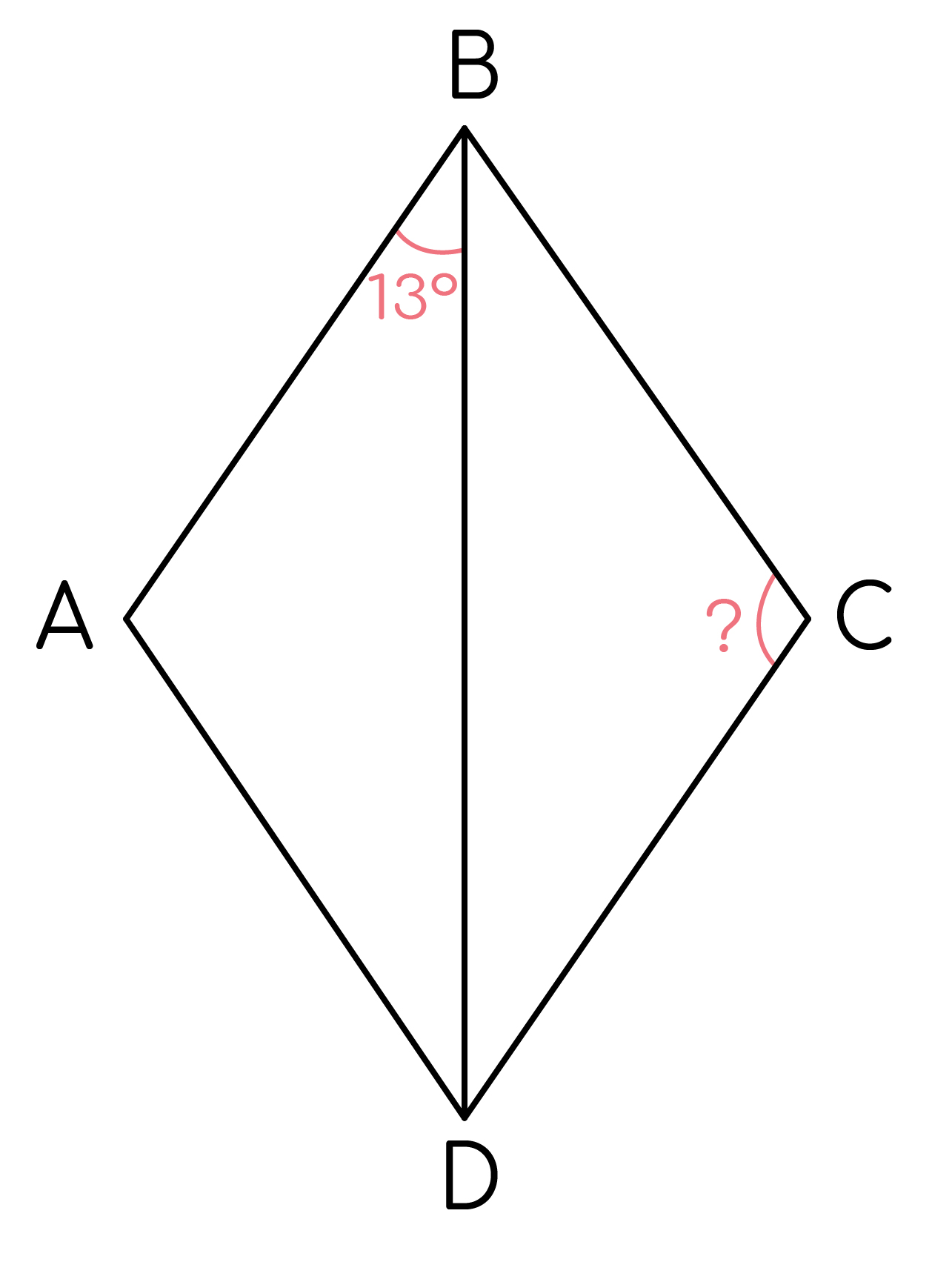 Задание №59489: В ромбе ABCD угол DBA равен 13 . Найдите угол BCD ...