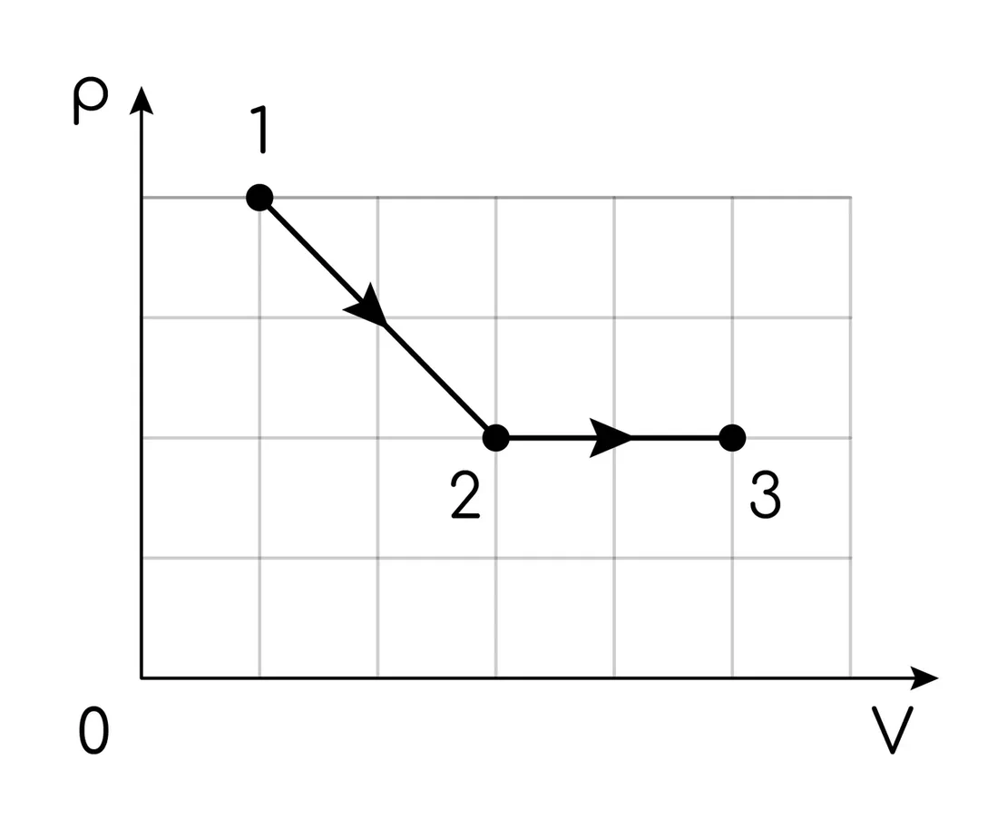 Задание №40308: На pV-диаграмме (см. рис.) показано, как изменялось  давление газа при его переходе из состояния 1 в состояние 3. Каково  отношение (A_(12))/(A_(23)) работ газа в процессах 1-2 и 2-3? — NeoFamily