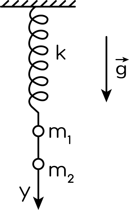 Задание №6405: К нижнему концу лёгкой пружины подвешены связанные ...